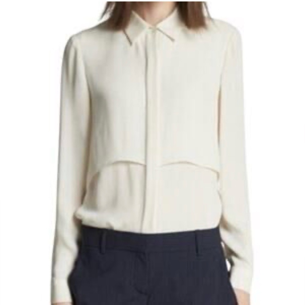 Theory Double Georgette Rosita 100% Silk Button Down Ivory Long Sleeve Blouses